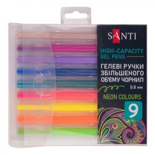Набір ручок гелевих 9 кольорів Santi Neon, збільшеного об'єму чорнила