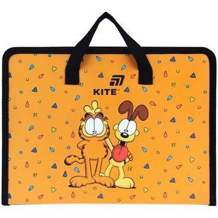 Папка-портфель пластикова А4 на блискавці Kite Garfield з текстильними ручками, помаранчева